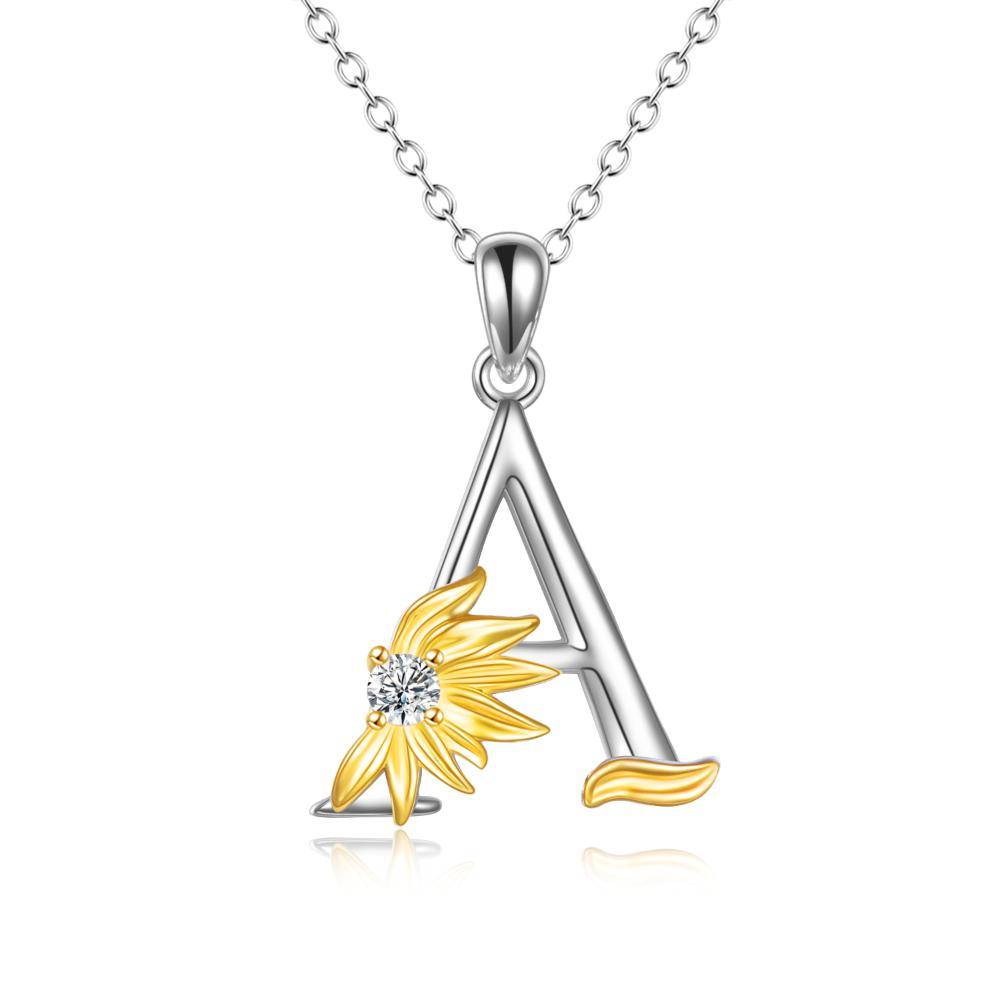 Sterling Silver Initial Alphabet Sunflower A Letter Script Name Pendant Necklace - Get Your Initial Alphabet Sunflower