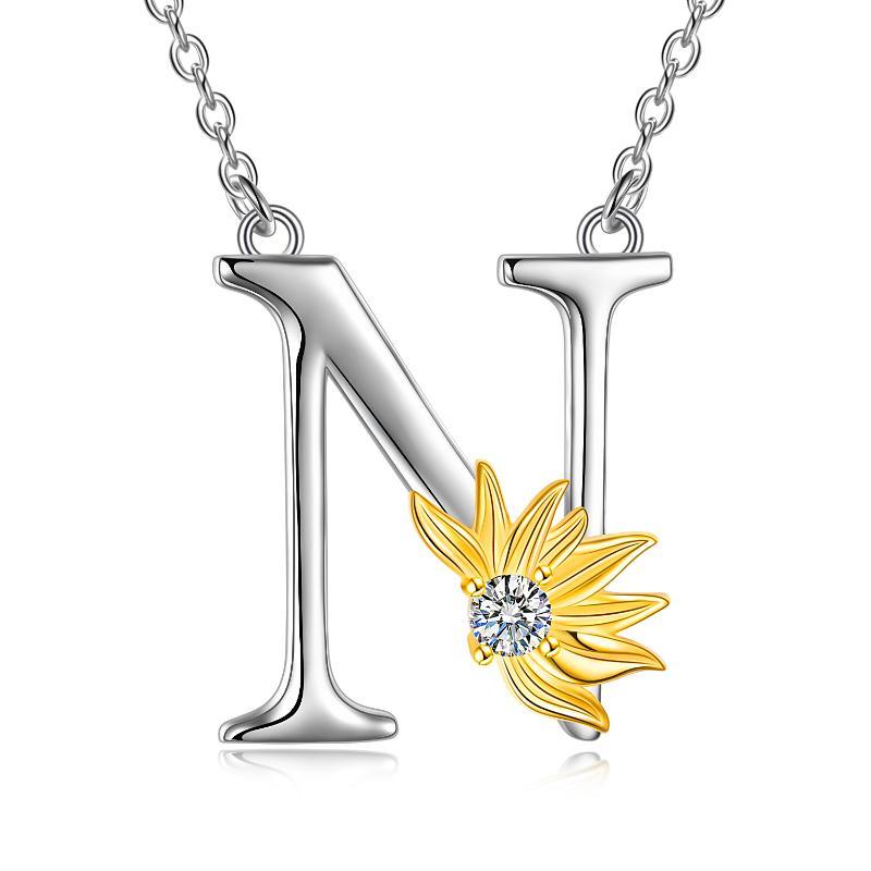 Sterling Silver Initial Alphabet Sunflower A Letter Script Name Pendant Necklace - Get Your Initial Alphabet Sunflower