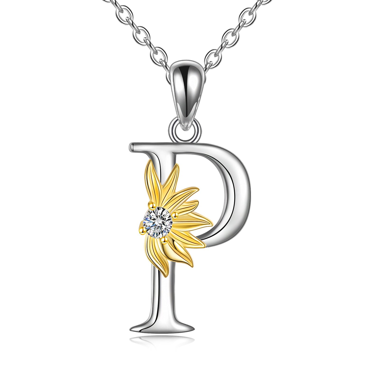 Sterling Silver Initial Alphabet Sunflower A Letter Script Name Pendant Necklace - Get Your Initial Alphabet Sunflower