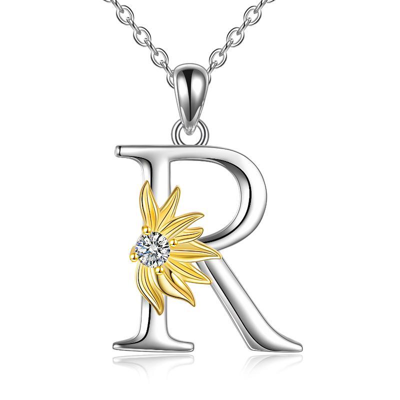 Sterling Silver Initial Alphabet Sunflower A Letter Script Name Pendant Necklace - Get Your Initial Alphabet Sunflower