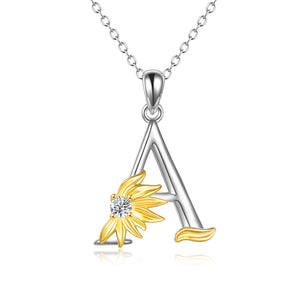 Sterling Silver Initial Alphabet Sunflower A Letter Script Name Pendant Necklace - Get Your Initial Alphabet Sunflower