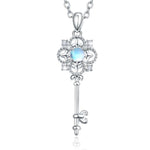 Sterling Silver Key Blue Moonstone and AAA Cz Round Key Pendant Necklace - Unlock Style with the Key to Moonstone Magic