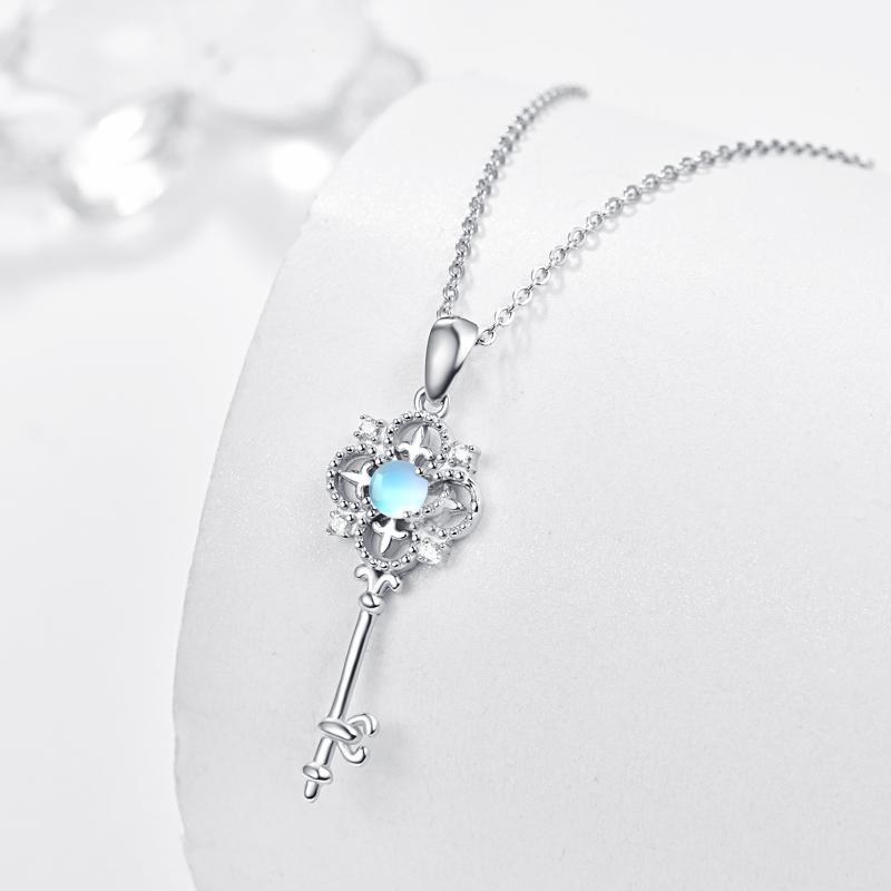 Sterling Silver Key Blue Moonstone and AAA Cz Round Key Pendant Necklace - Unlock Style with the Key to Moonstone Magic