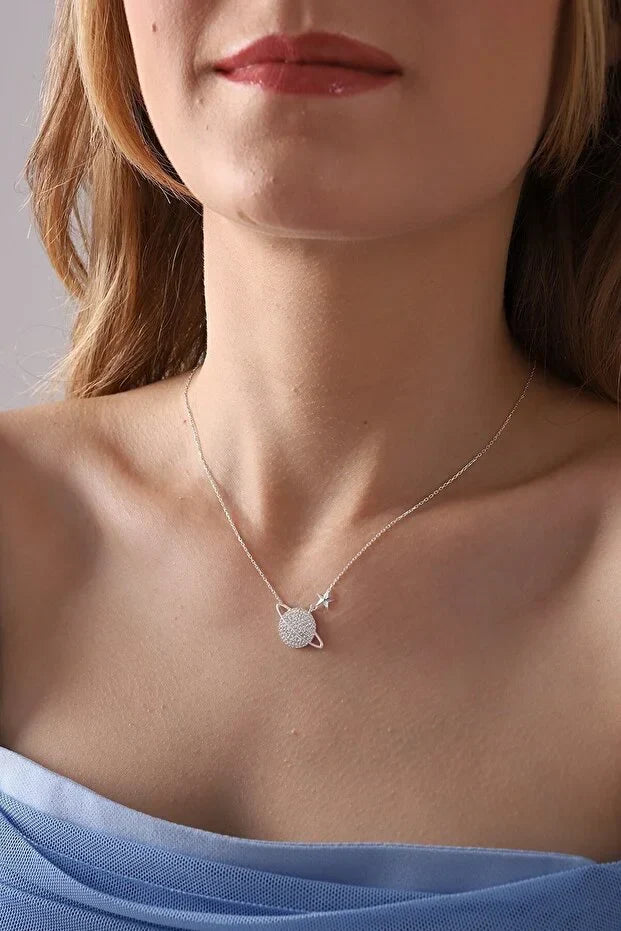 925 Sterling Silver Saturn Planet Necklace with White Zircon Stone