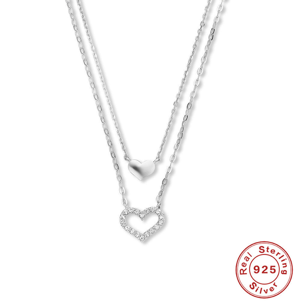 Sterling Silver Temperamental Twin Hollow Heart Shape With Diamond Double-layer Clavicle Necklace - Heart Shape