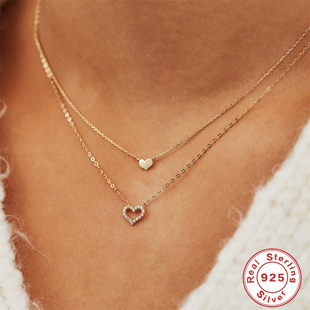 Sterling Silver Temperamental Twin Hollow Heart Shape With Diamond Double-layer Clavicle Necklace - Heart Shape