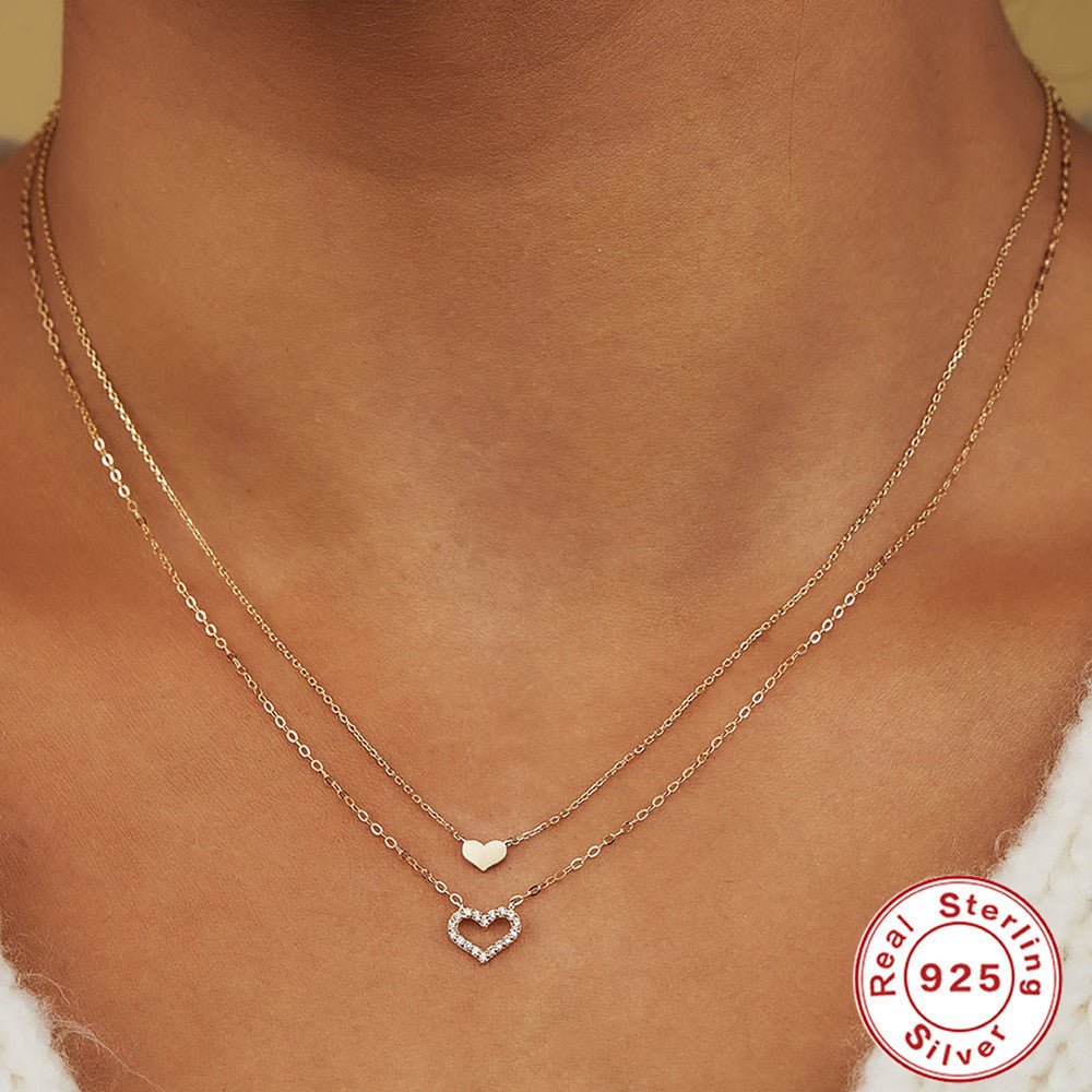 Sterling Silver Temperamental Twin Hollow Heart Shape With Diamond Double-layer Clavicle Necklace - Heart Shape