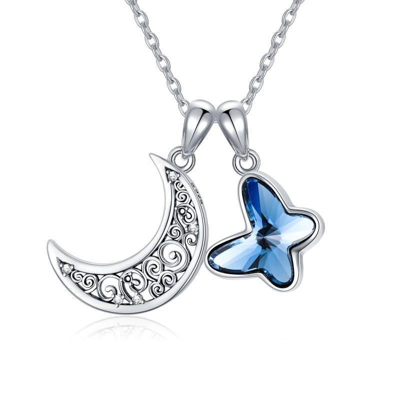 Sterling Silver Urn Crescent Moon Cremation Memorial Pendant with Blue Butterfly Necklace - Keep Best Love Close