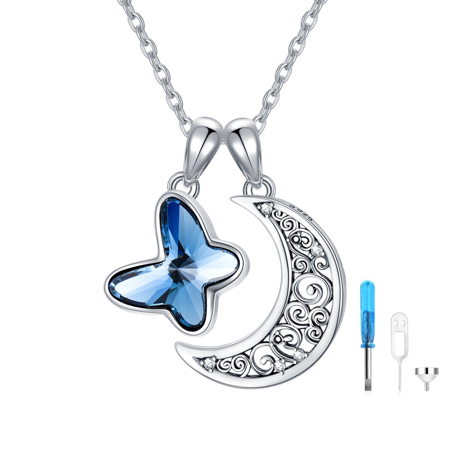 Sterling Silver Urn Crescent Moon Cremation Memorial Pendant with Blue Butterfly Necklace - Keep Best Love Close