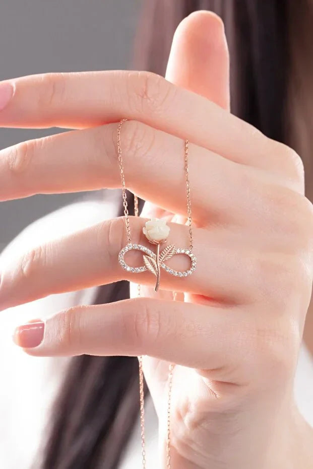 925 Sterling Silver Rose Gold Plated White Rose Infinity Necklace with Zircon Stone