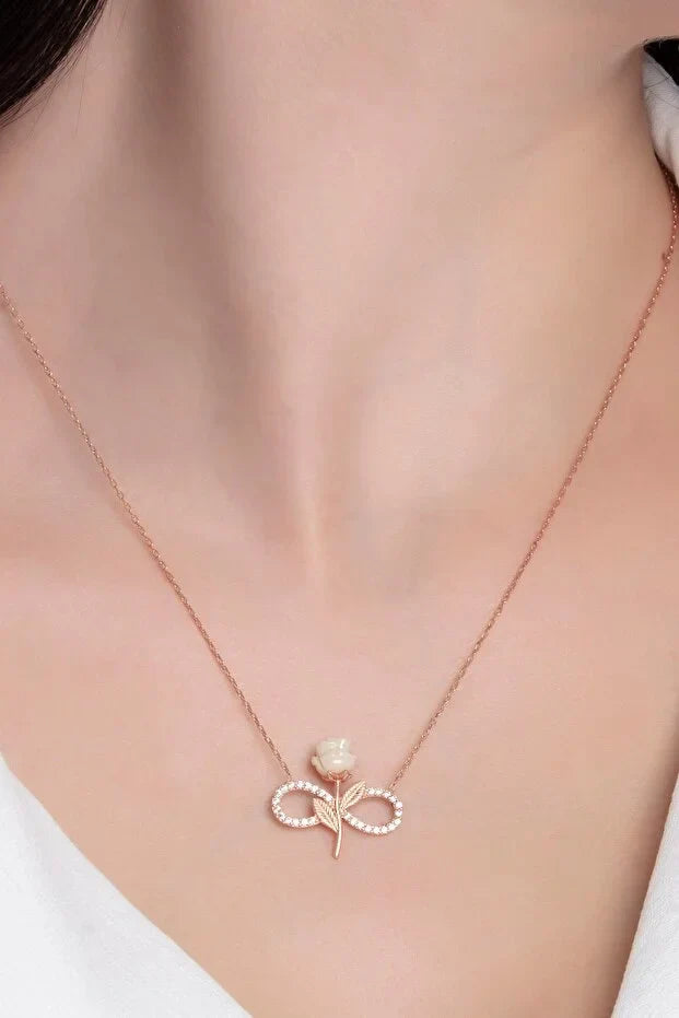 925 Sterling Silver Rose Gold Plated White Rose Infinity Necklace with Zircon Stone