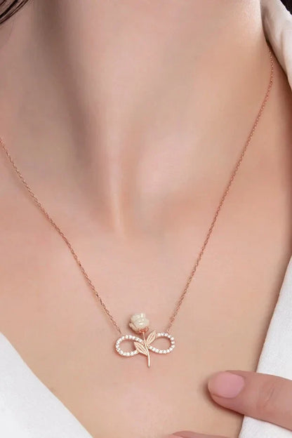 925 Sterling Silver Rose Gold Plated White Rose Infinity Necklace with Zircon Stone