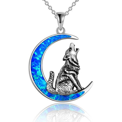 Sterling Silver Wolf Opal Moon Pendant Necklace Gifts for Women - Wolf Opal Moon Pendant for Fierce Women Who Shine