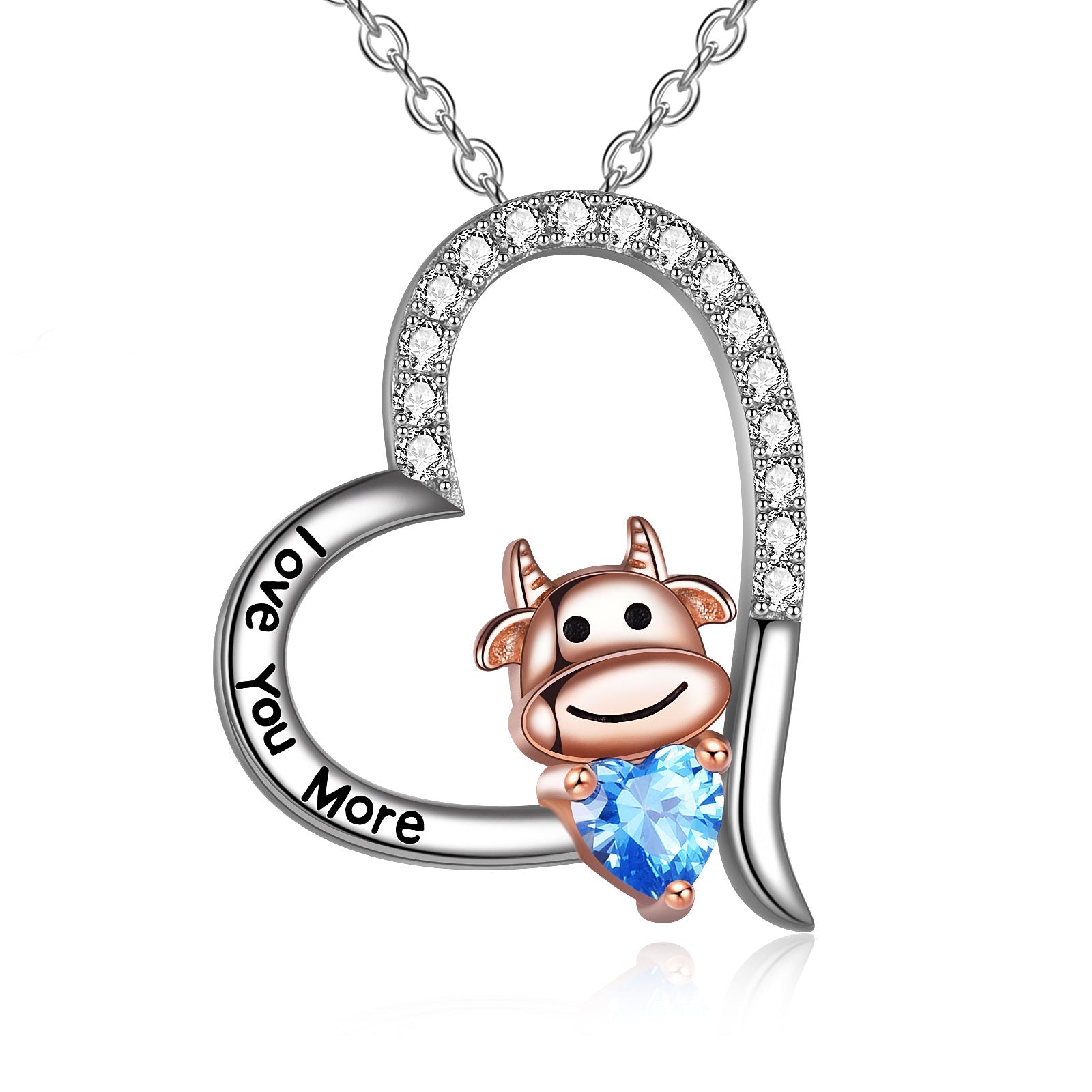 Sterling Silver Year of The OX Jewelry Cubic Zirconia Heart Cow Pendant Necklace - Cow Pendant Love in Shine