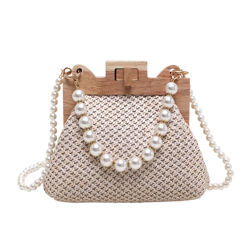 Straw Beach Pearl Chain Woven Crossbody Bag with Inner Organizer - Teleplus for Women straw beach pearl chain woven