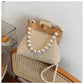 Straw Beach Pearl Chain Woven Crossbody Bag with Inner Organizer - Teleplus for Women straw beach pearl chain woven