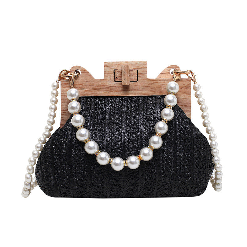 Straw Beach Pearl Chain Woven Crossbody Bag with Inner Organizer - Teleplus for Women straw beach pearl chain woven