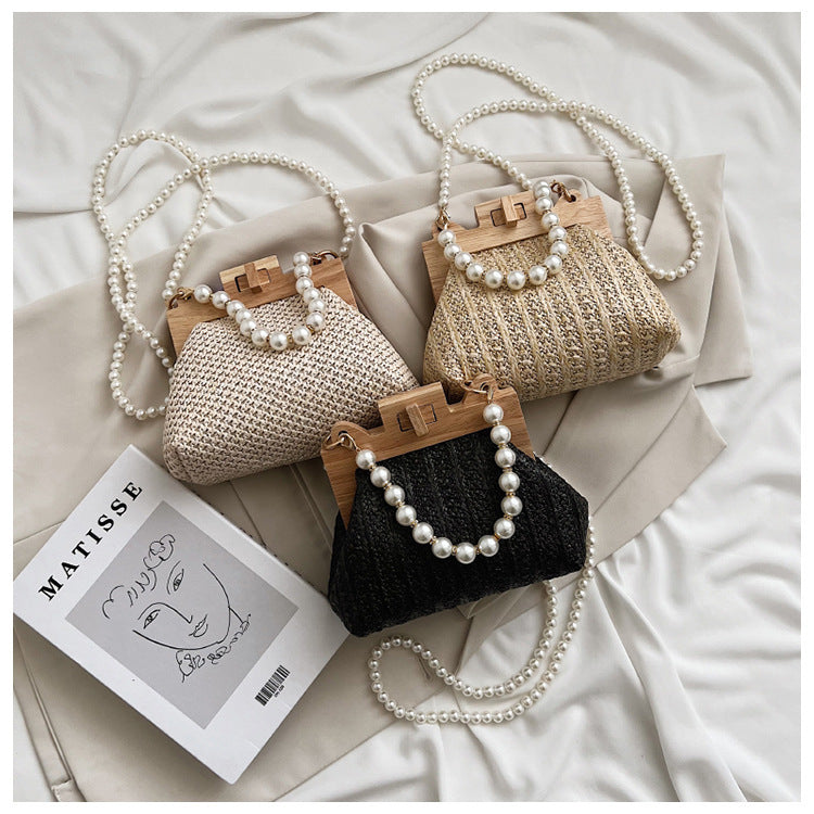 Straw Beach Pearl Chain Woven Crossbody Bag with Inner Organizer - Teleplus for Women straw beach pearl chain woven