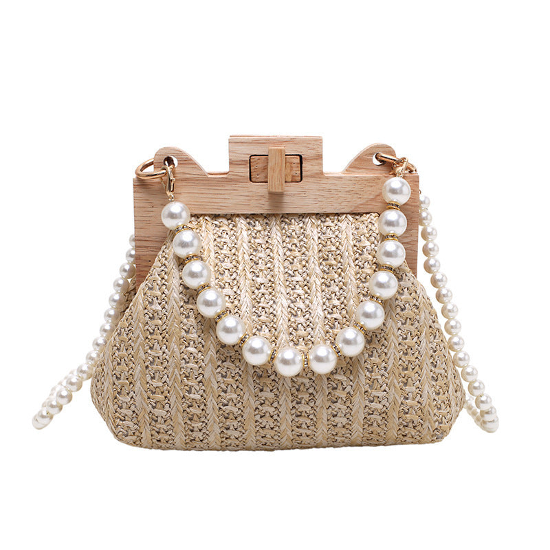 Straw Beach Pearl Chain Woven Crossbody Bag with Inner Organizer - Teleplus for Women straw beach pearl chain woven