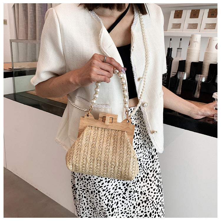 Straw Beach Pearl Chain Woven Crossbody Bag with Inner Organizer - Teleplus for Women straw beach pearl chain woven