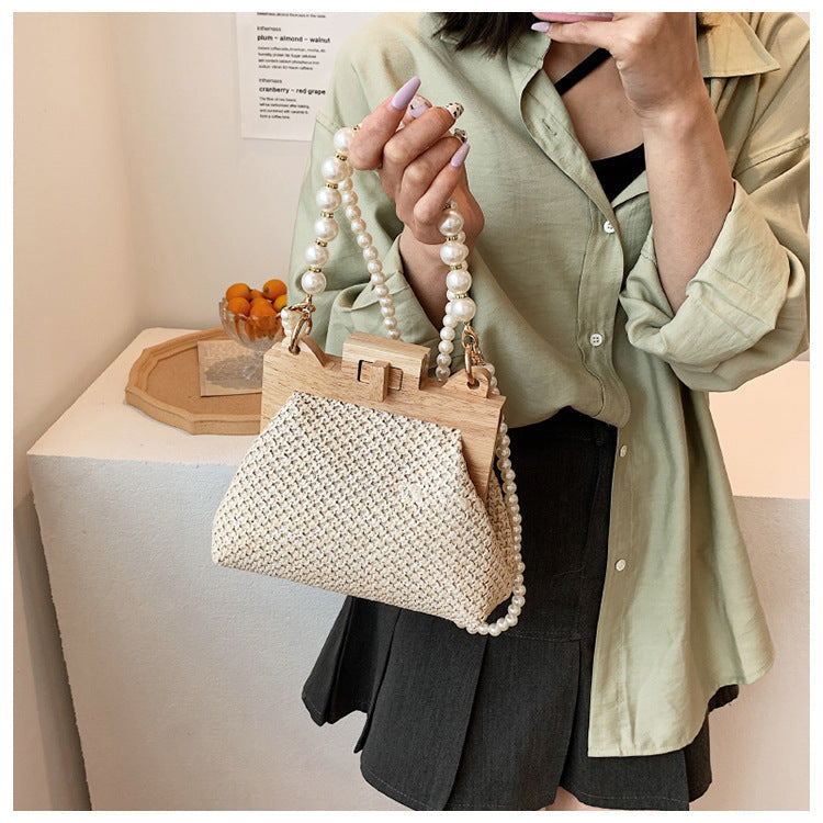 Straw Beach Pearl Chain Woven Crossbody Bag with Inner Organizer - Teleplus for Women straw beach pearl chain woven