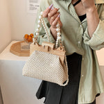 Straw Beach Pearl Chain Woven Crossbody Bag with Inner Organizer - Teleplus for Women straw beach pearl chain woven