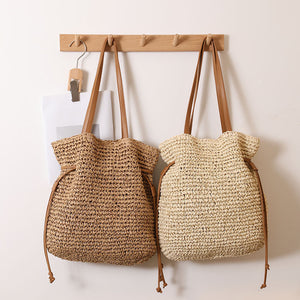 Straw Lucky Bag Coffee Color Medium Shoulder with Phone Pocket - straw lucky bag
