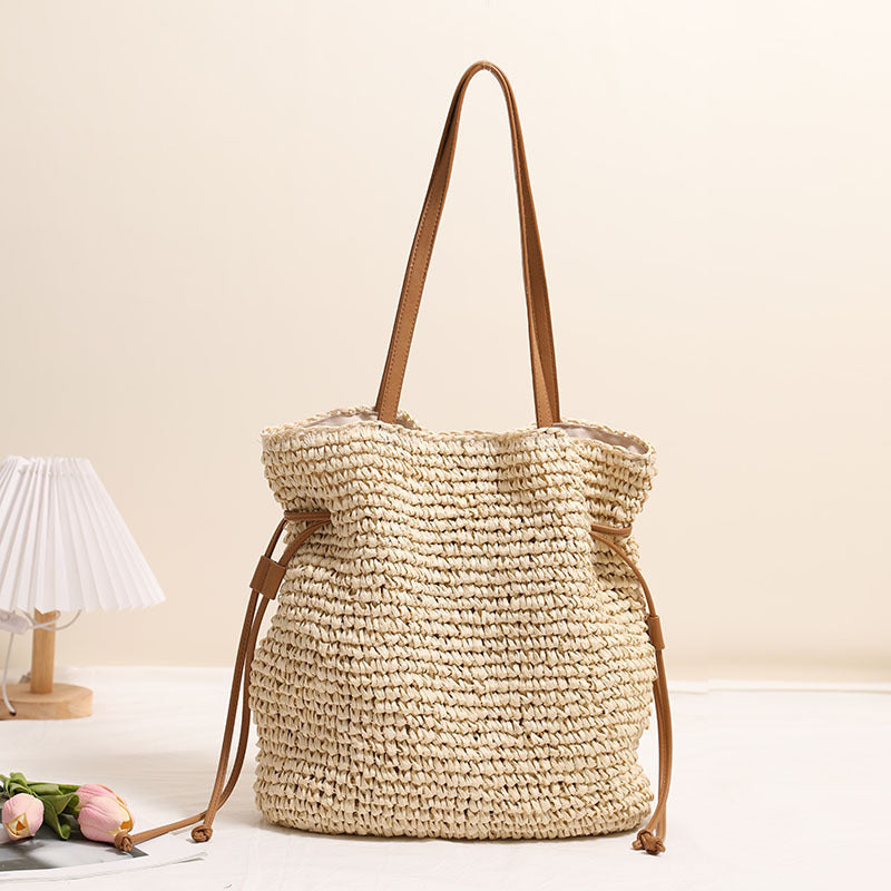 Straw Lucky Bag Coffee Color Medium Shoulder with Phone Pocket - straw lucky bag
