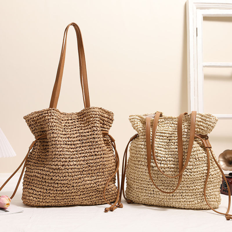 Straw Lucky Bag Coffee Color Medium Shoulder with Phone Pocket - straw lucky bag