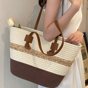 Straw Shoulder Bag with Polyester Lining Medium Tote for Women Zipper Pockets