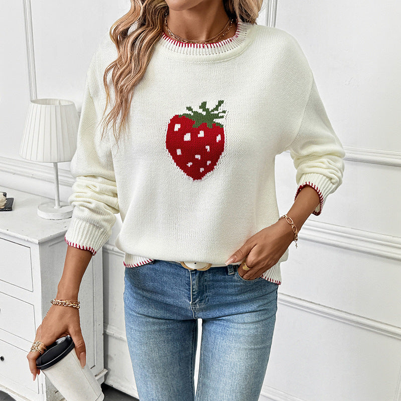 Strawberry Beige Loose Pullover Sweater for Women Acrylic Wool Knit Top - Womens