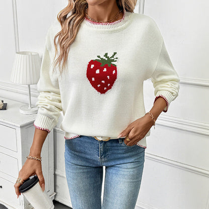 Strawberry Beige Loose Pullover Sweater for Women Acrylic Wool Knit Top - Womens