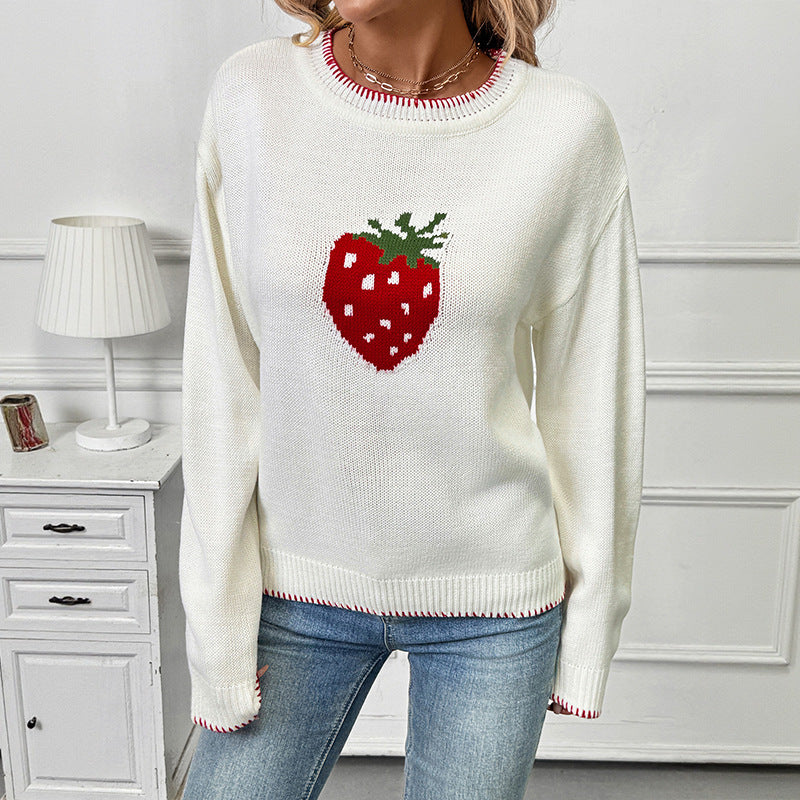 Strawberry Beige Loose Pullover Sweater for Women Acrylic Wool Knit Top - Womens