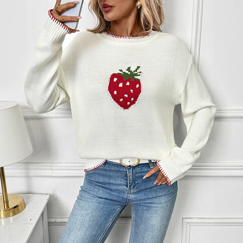 Strawberry Beige Loose Pullover Sweater for Women Acrylic Wool Knit Top - Womens