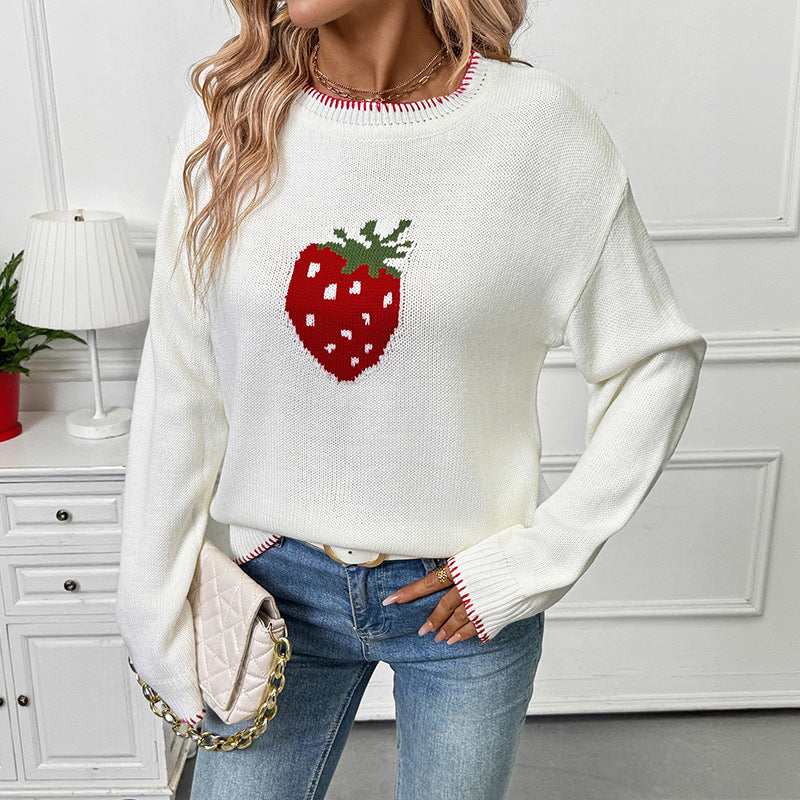 Strawberry Beige Loose Pullover Sweater for Women Acrylic Wool Knit Top - Womens