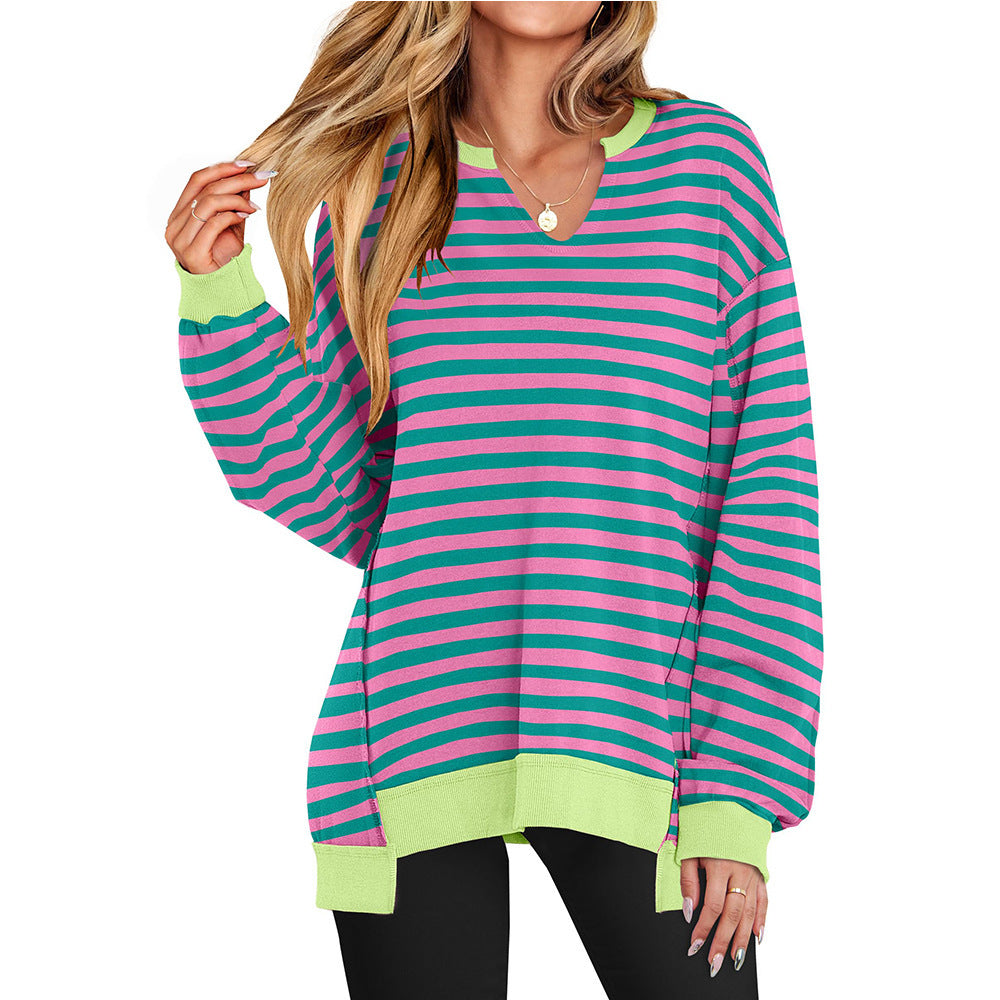 Striped Pullover Sweatshirt for Women Streetwear Polyester Crewneck S-XXL - Teleplus
