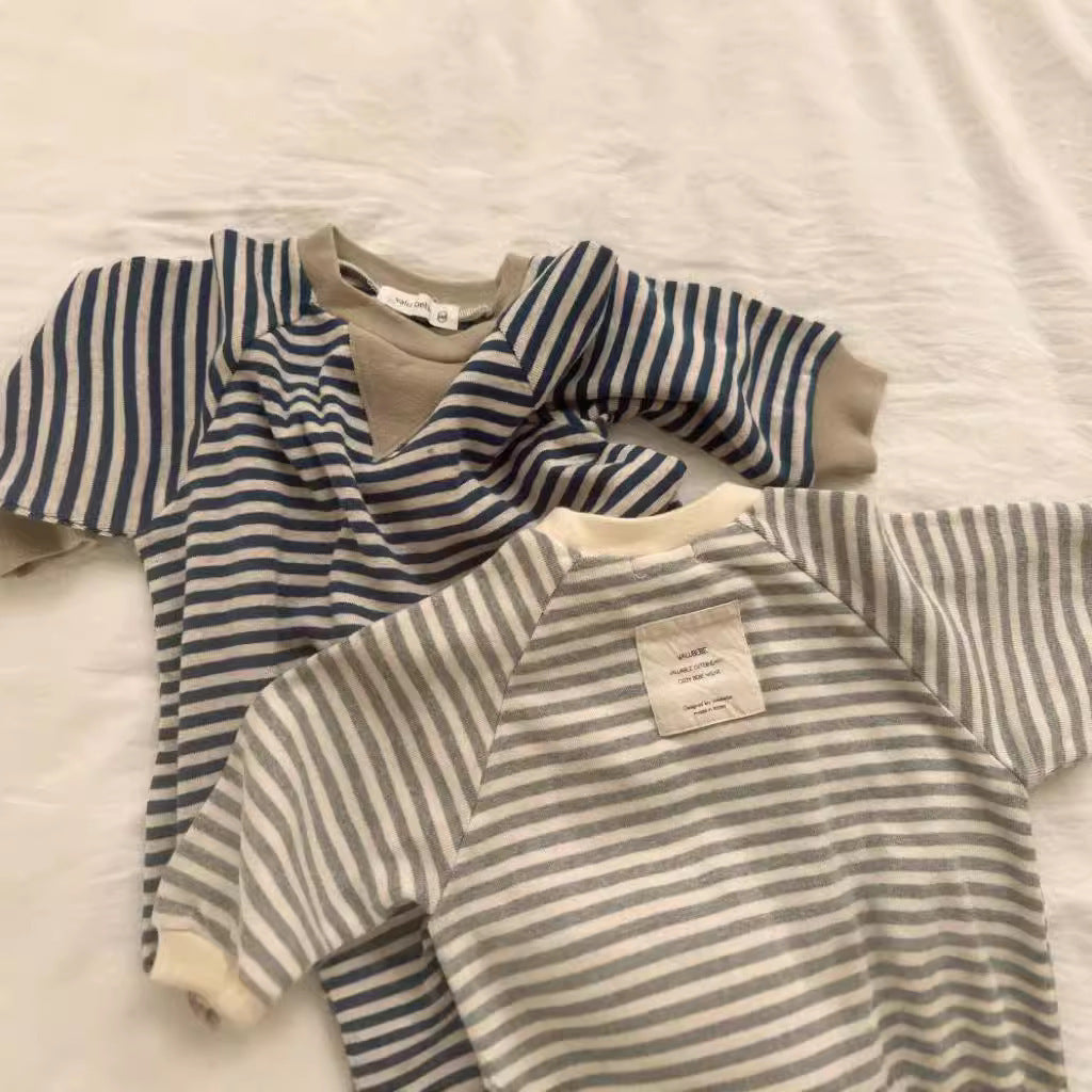 Striped Round Neck One-piece Long Sleeves Boys And Girls - Get Striped in Style with This Fun One-Piece Outfit