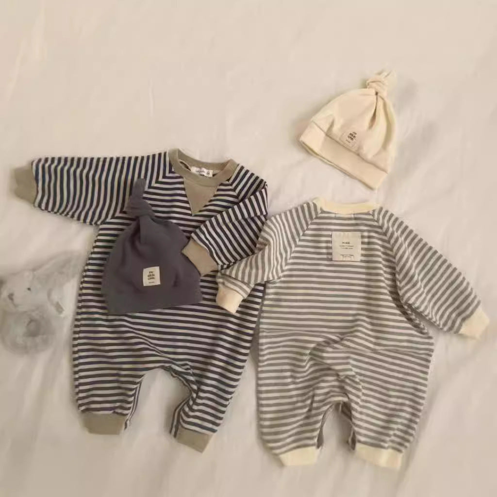 Striped Round Neck One-piece Long Sleeves Boys And Girls - Get Striped in Style with This Fun One-Piece Outfit