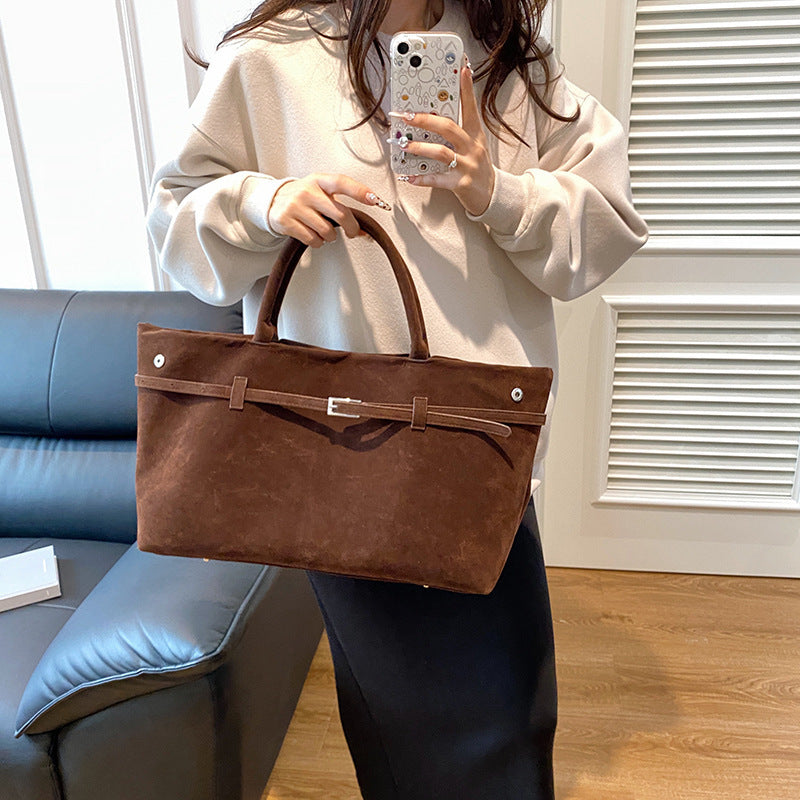 Suede Tote Design Portable Shoulder Bag in Polyester Brown 38x25x16cm - Teleplus suede tote design portable shoulder bag