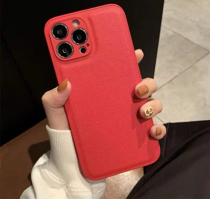Simple Leather Phone Case Compatible with Apple Devices in Khaki Black Pink - Suitable For Solid Color simple leather
