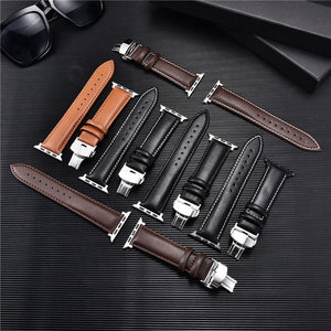 Suitable For Watch First Layer Leather Butterfly Buckle Strap - First Layer Leather Butterfly Buckle Watch Strap