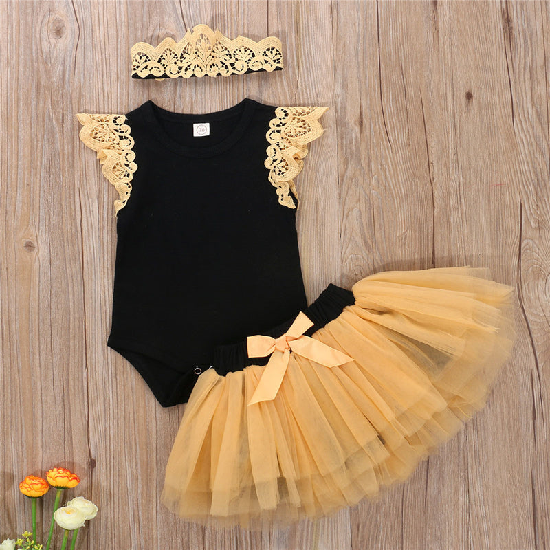 Summer Cute Baby Girl Pure Cotton Casual Clothing Suit Bow Ruffled Bodysuit Tutu Headband Baby Clothing - Summer Cutie