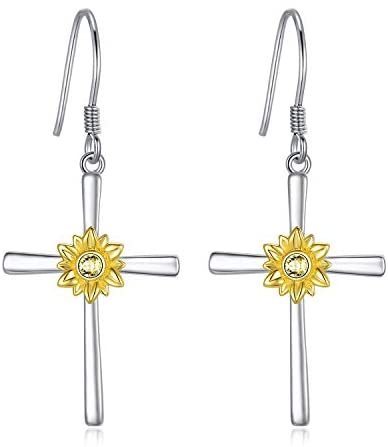 Sunflower Earrings Sterling Silver Cross Dangle Drop Hooks Earrings Sunflower Flower Jewelry Gifts for Women Teens