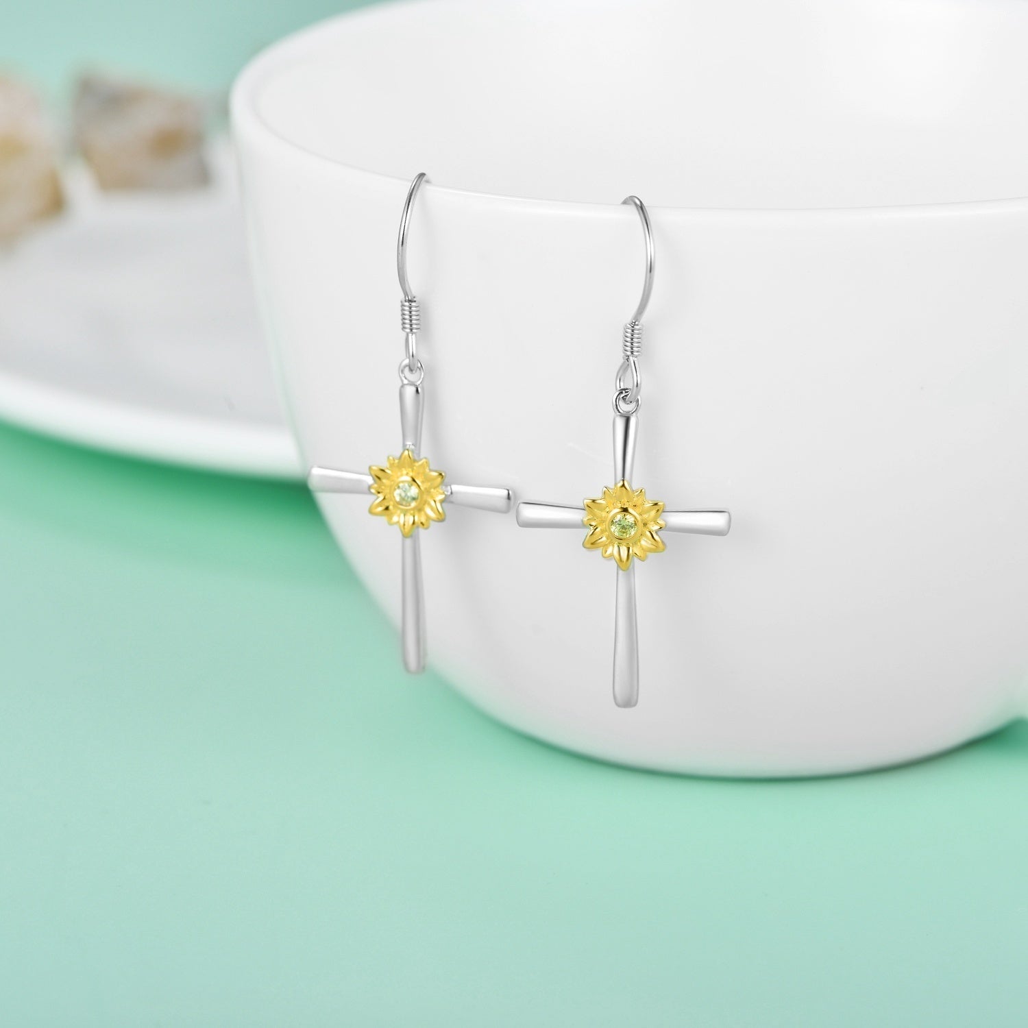 Sunflower Earrings Sterling Silver Cross Dangle Drop Hooks Earrings Sunflower Flower Jewelry Gifts for Women Teens