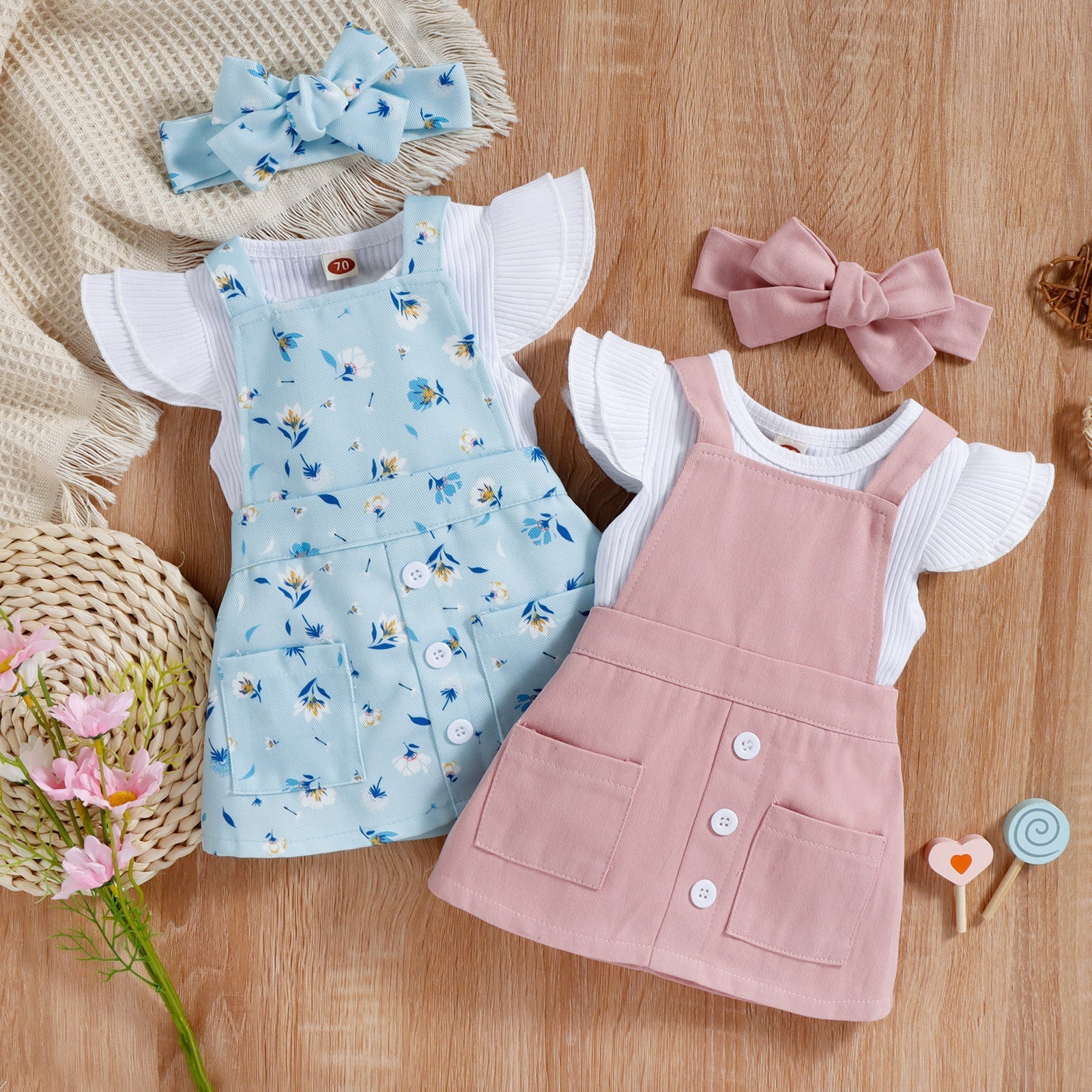 Sunken Stripe Cotton Short-sleeved Flower Suspender Skirt Infant Suit - Flower Power Skirt for Tiny Stylish Cuties