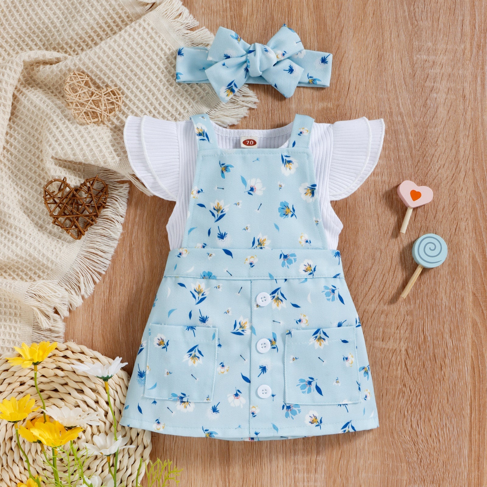 Sunken Stripe Cotton Short-sleeved Flower Suspender Skirt Infant Suit - Flower Power Skirt for Tiny Stylish Cuties