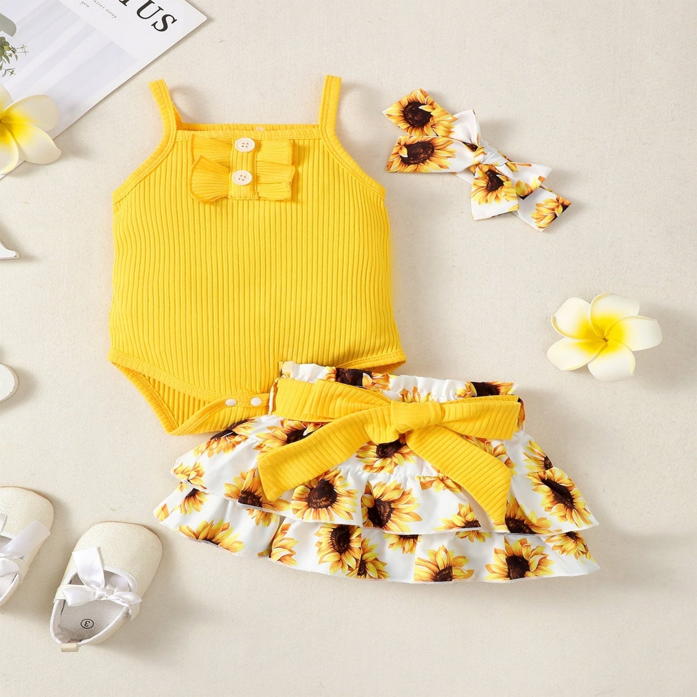 Yellow Cotton Baby Girl Suit for 3-24 Months in United States Sizes - Sunkissed Style Tots with Bowknot Bliss united