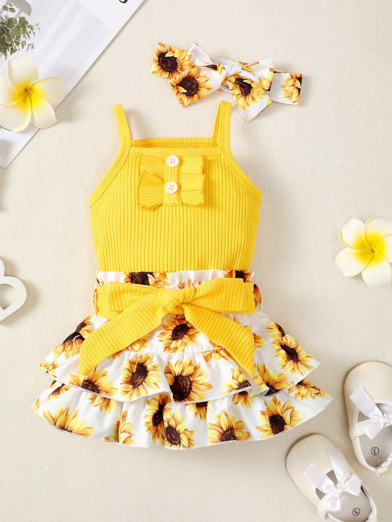 Sunken Stripe Sling Top With Bowknot Short Dress Sets - Sunkissed Style for Tots with Bowknot Bliss