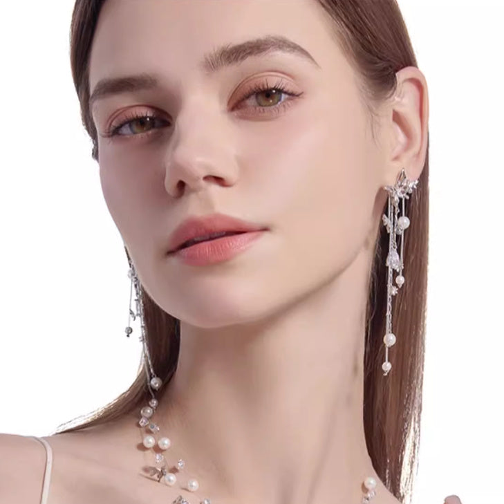 Super Fairy Asterism Pearl Tassel Earrings Long Light Luxury - Dazzle Like a Fairy in Super Pearl Tassel Earrings