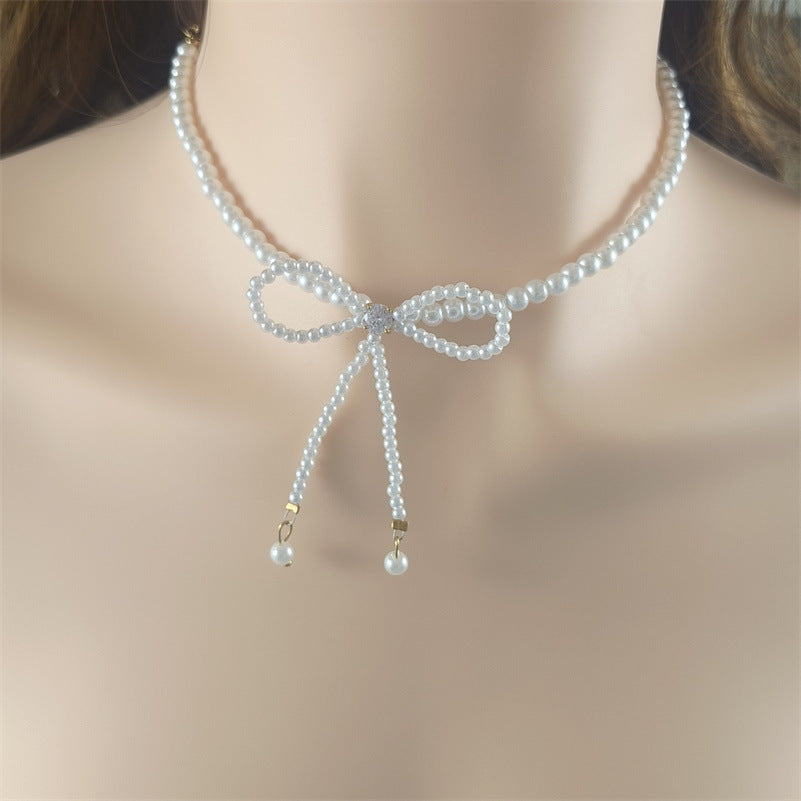 Super Fairy Bow Pearl Necklace - Super Fairy Bow Pearl Necklace in Titanium Steel Chain